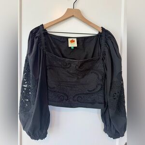 FARM Rio Black Embroidered Puff-Sleeve Square Neck Top